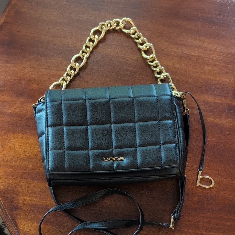 Bebe Black Quilted Shoulder Bag with Gold Chain